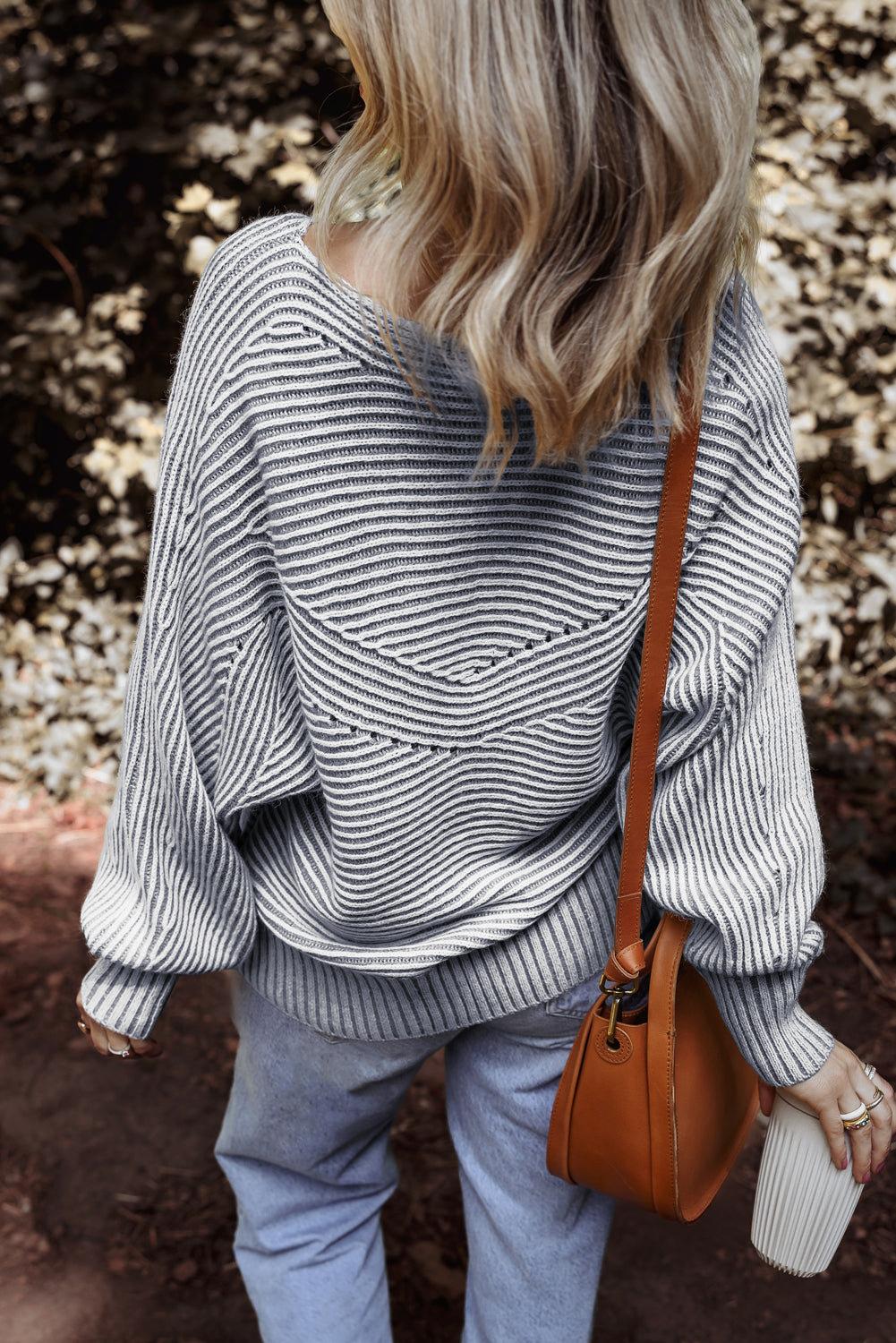 Ashleigh Blue Striped Print Ribbed Knit Boat Neck Baggy Sweater