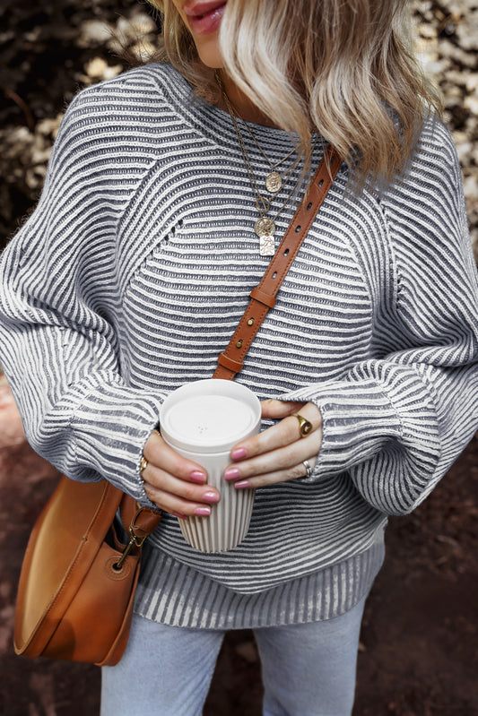 Ashleigh Blue Striped Print Ribbed Knit Boat Neck Baggy Sweater